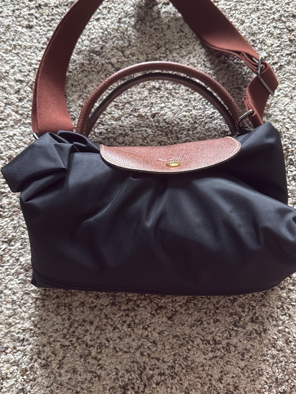 Longchamp Black Nylon Shoulder Bag with Brown Leather Flap and Strap